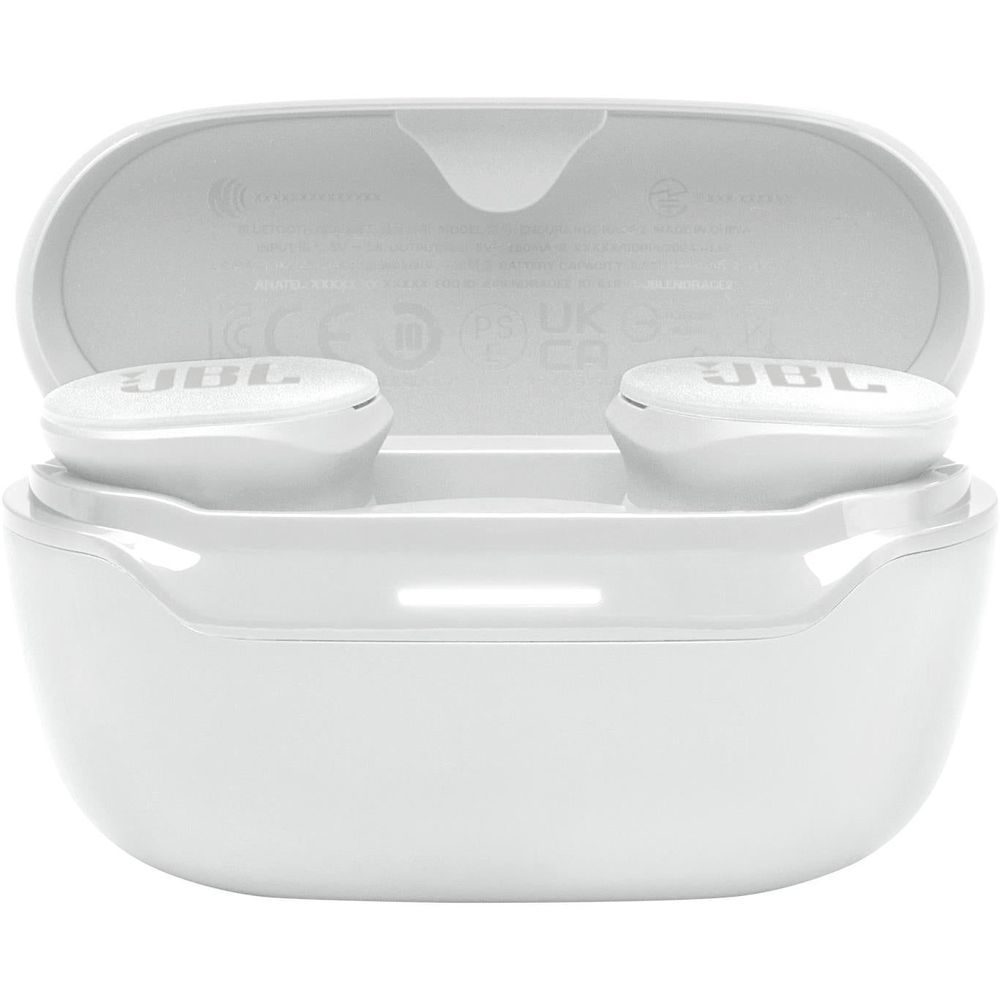 White charging case with earbuds seated inside, interior pods visible