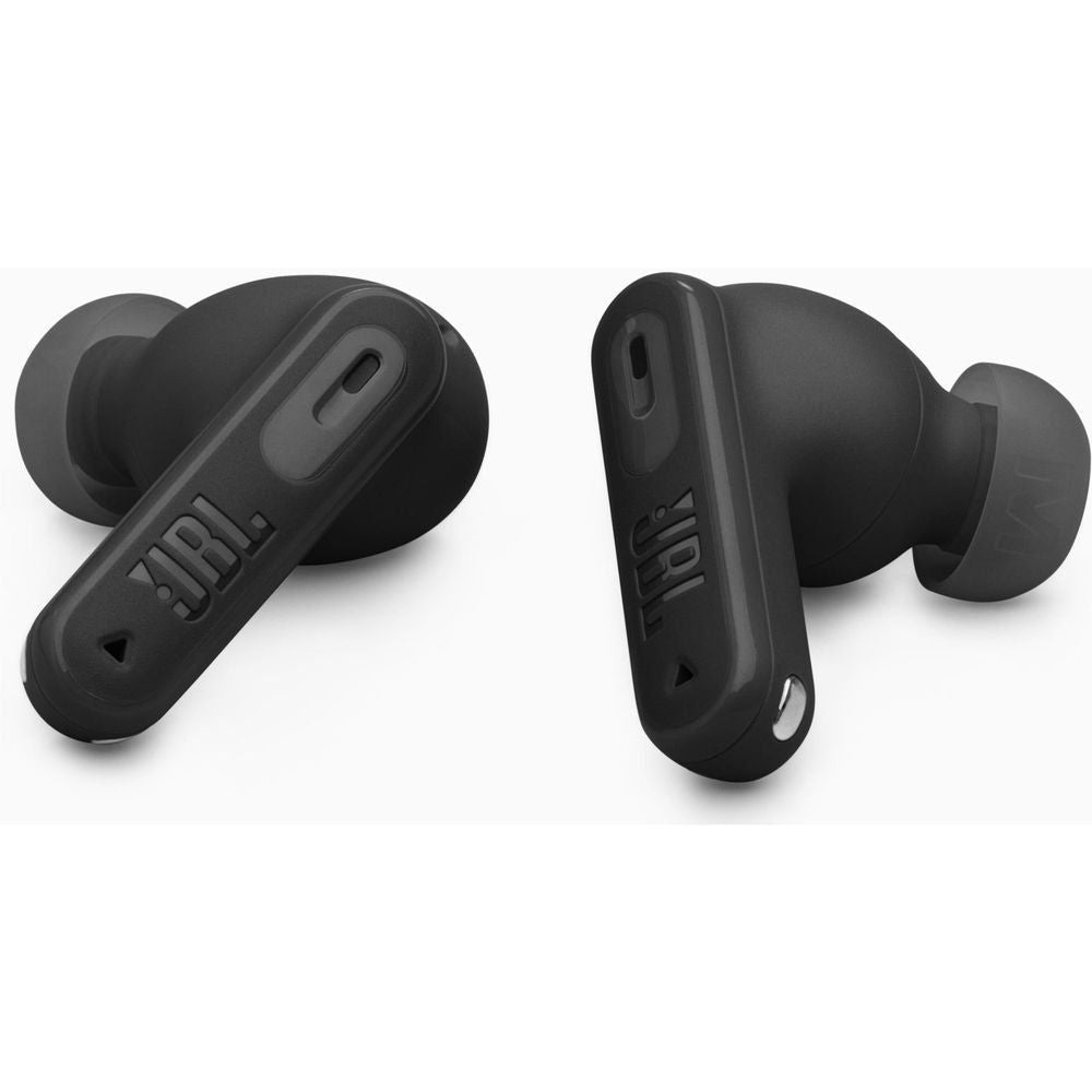 Black earbuds with control panel and charging ports