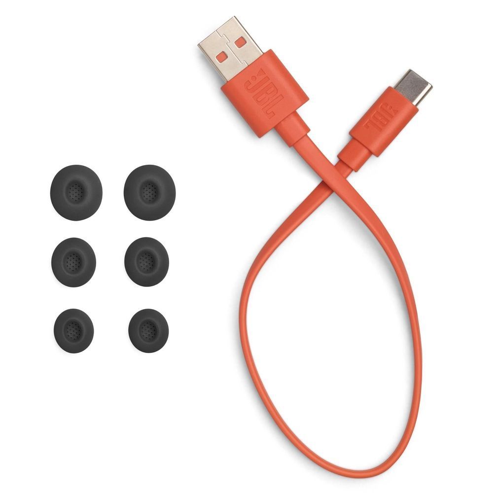Orange USB charging cable with black ear tip sizes