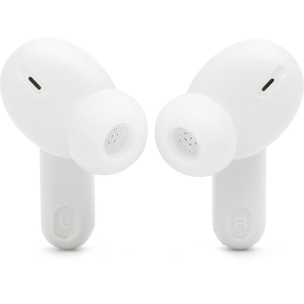 White earbuds front view with speaker vents and rounded stems.