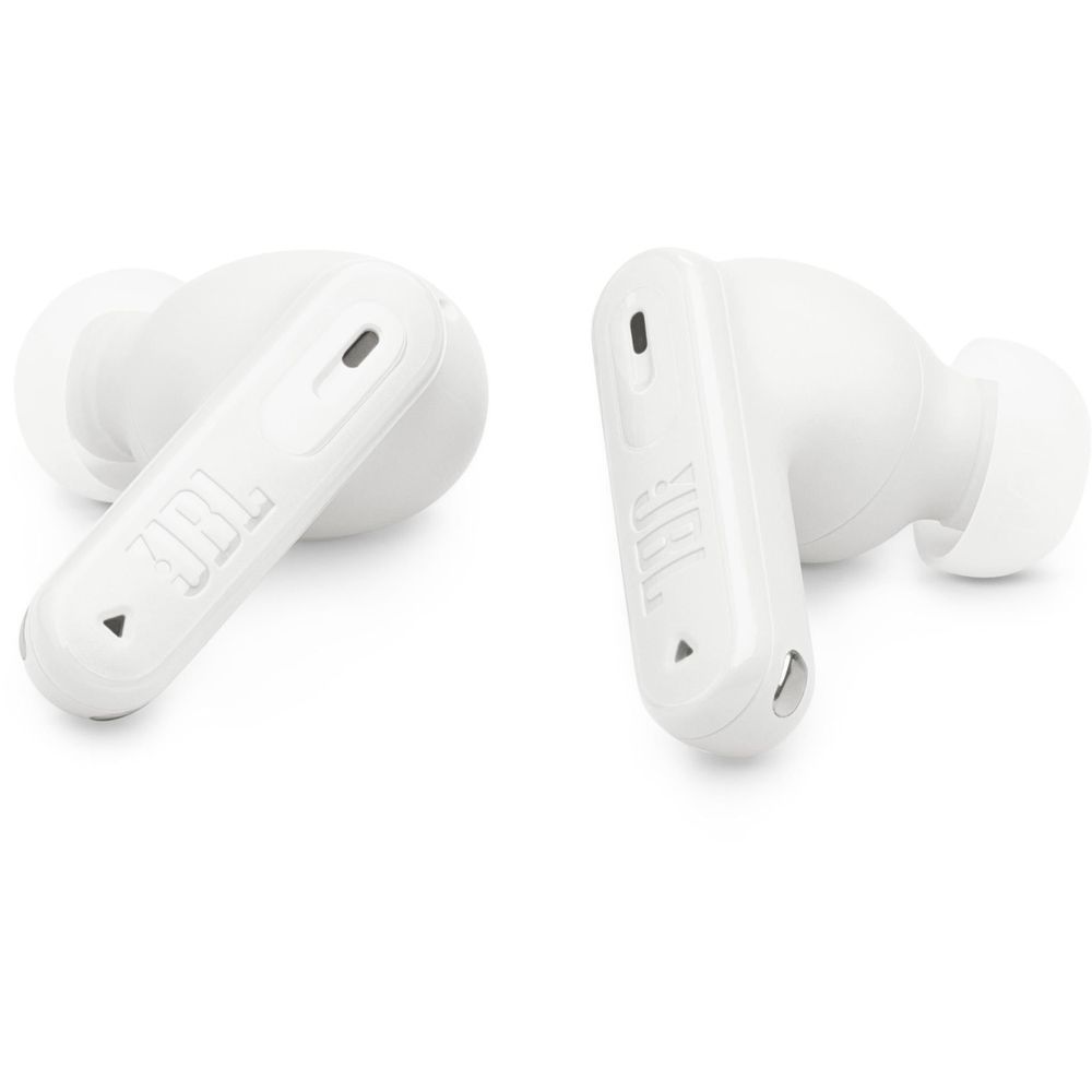 White earbuds with charging contacts and control buttons visible.