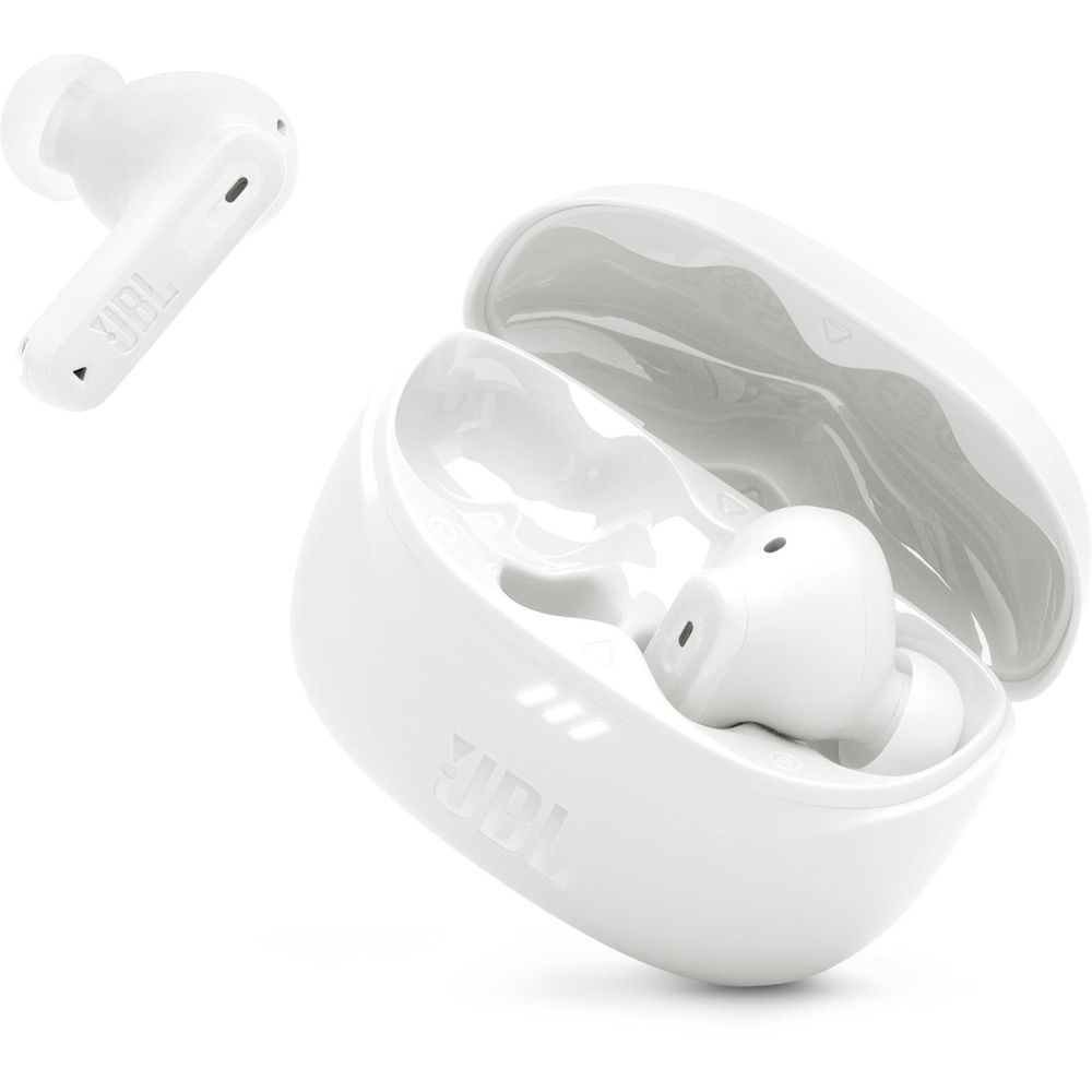 White charging case with two earbuds resting inside.