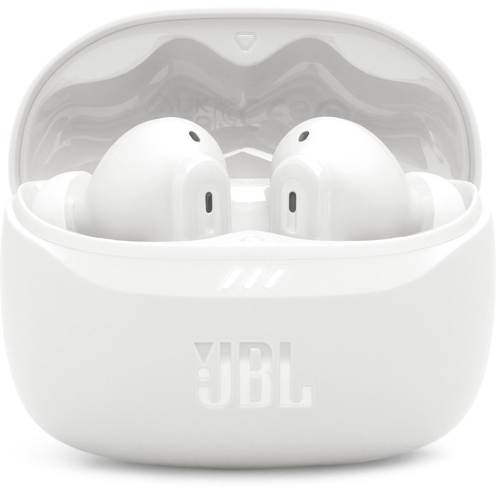 White charging case open with two earbuds inside, front view.