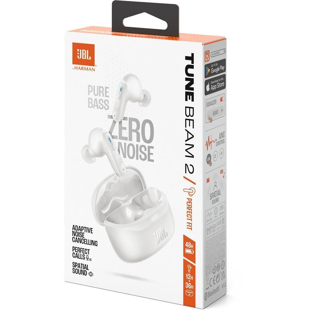 JBL Tune Beam 2 earbud package box in white and orange.