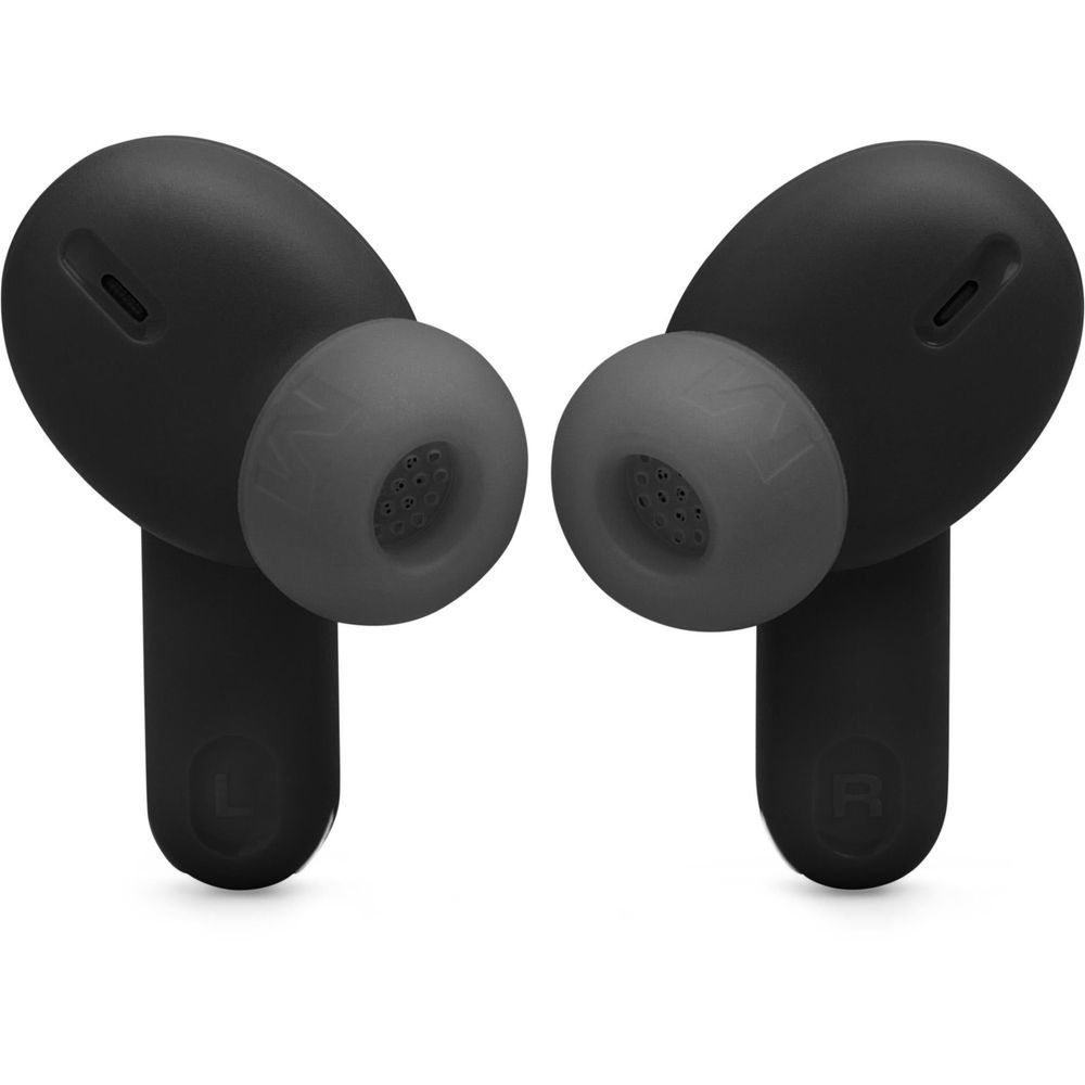 Black JBL earbuds with silicone ear tips and front speaker grilles