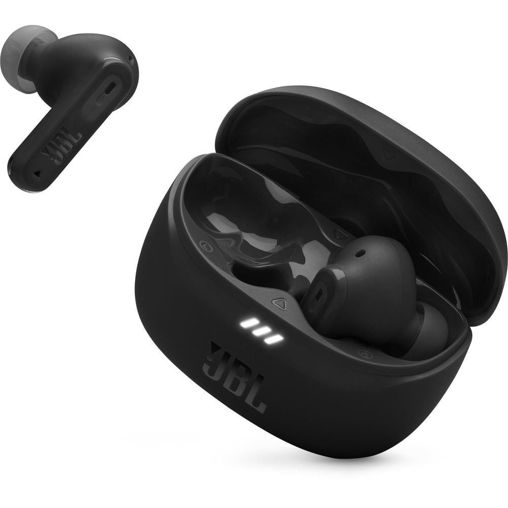Black JBL charging case open with earbuds inside, glossy stems visible