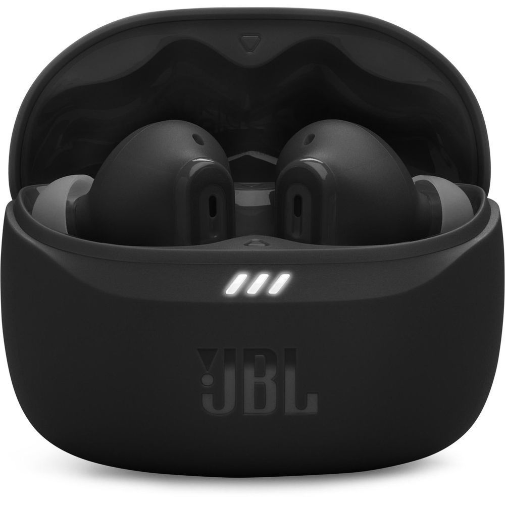 Black JBL charging case with LED light bar on the front