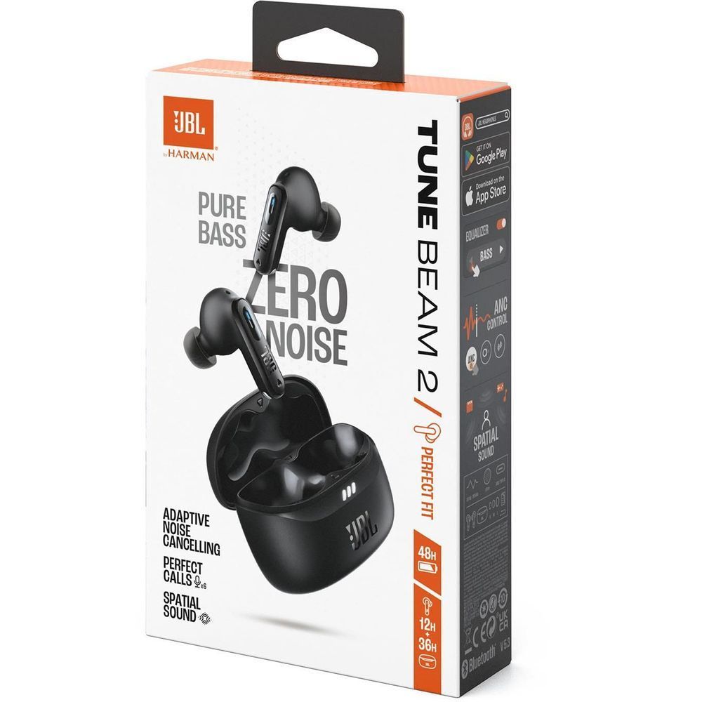 JBL Tune Beam 2 true wireless earbuds retail box with Pure Bass and noise cancelling
