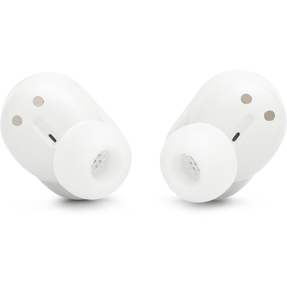 Pair of white JBL true wireless earbuds from the back with silicone tips