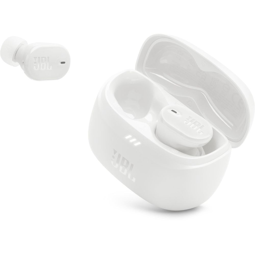 White JBL charging case open with two earbuds seated inside