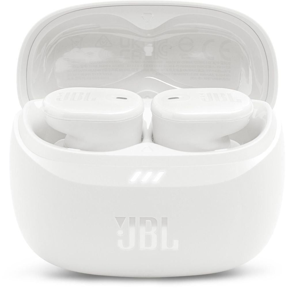 White JBL charging case open with two earbuds placed in the case