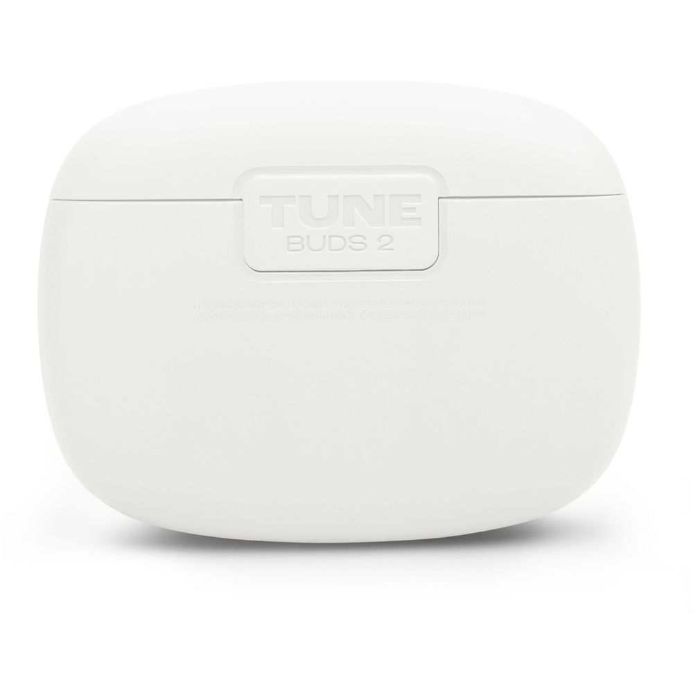 White JBL Tune Buds 2 charging case lid with molded label
