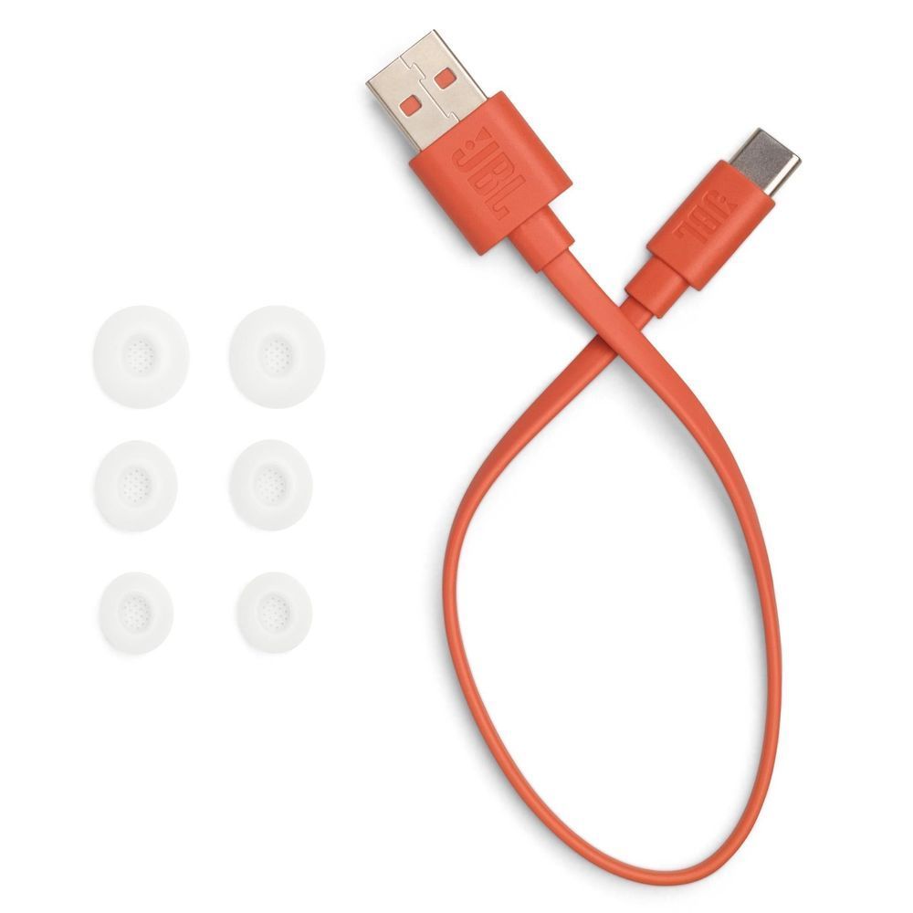 Red USB cable with connector ends and set of white ear tips