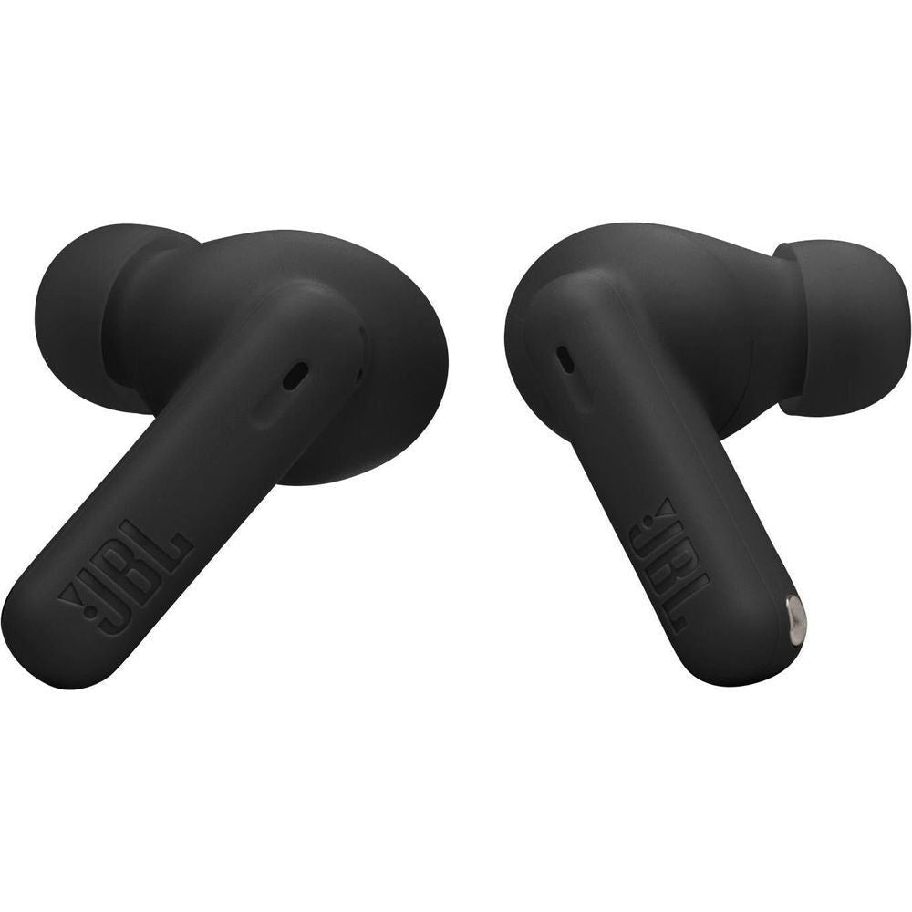 Black JBL Wave Beam 2 TWS in-ear earbuds, angled view showing controls and tips