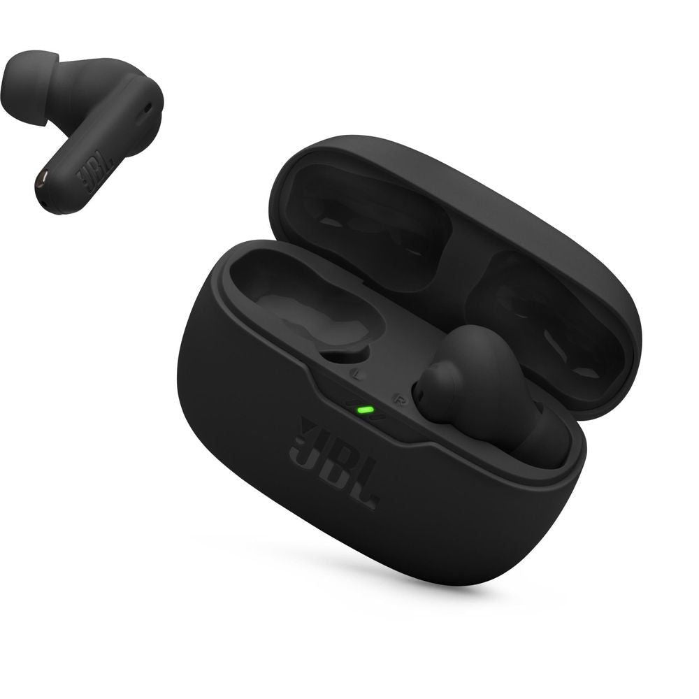 Black JBL Wave Beam 2 TWS charging case with earbuds docked inside
