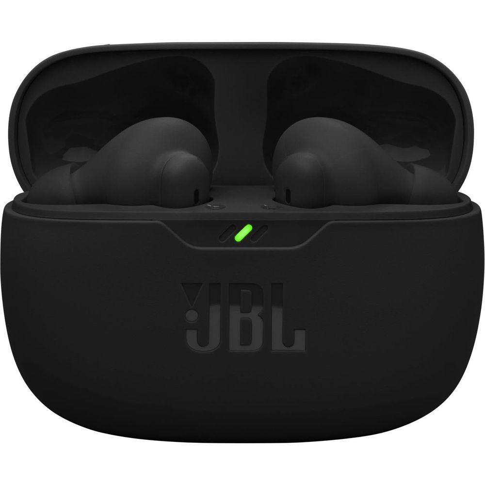 Black JBL Wave Beam 2 TWS charging case front view with green LED indicator