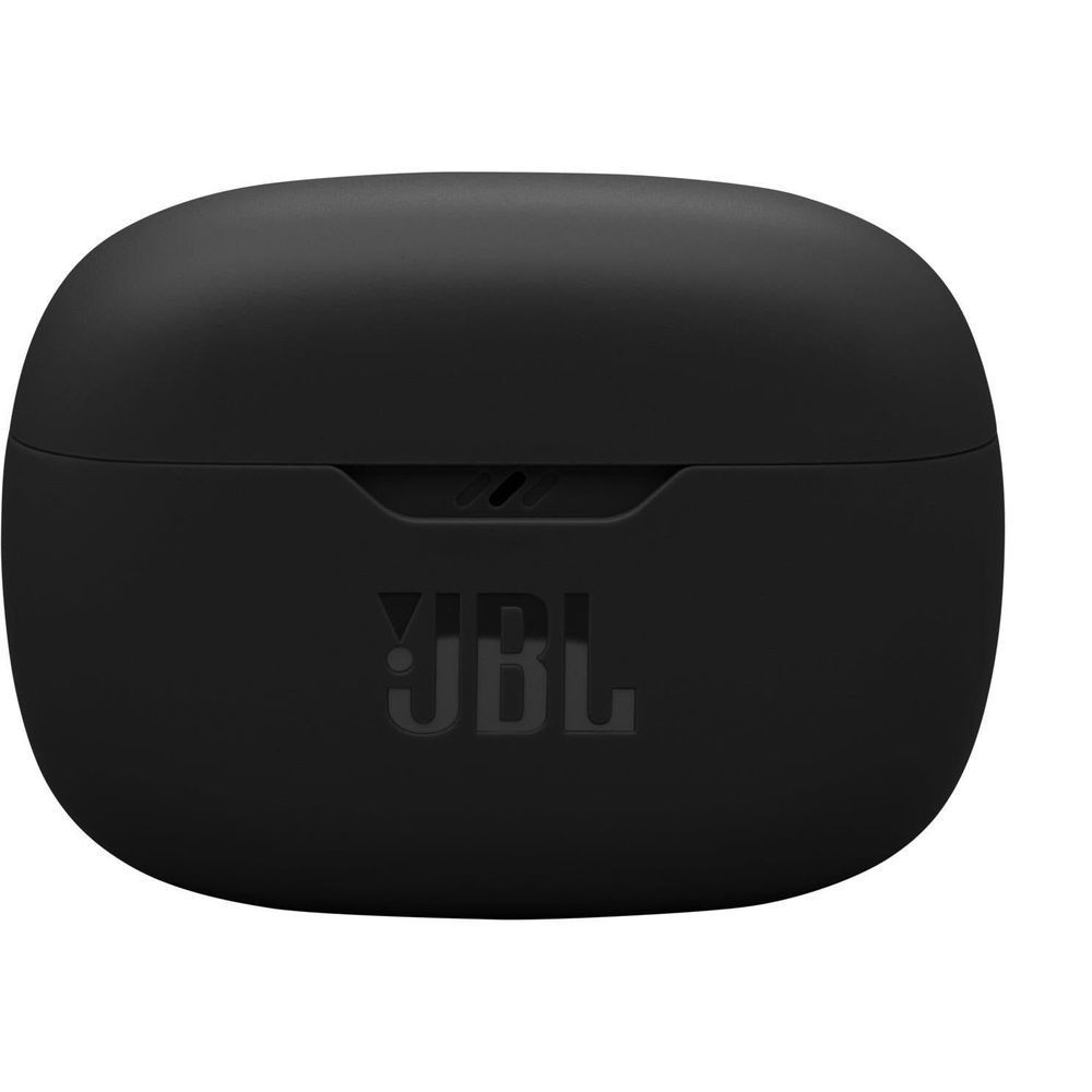 Black JBL Wave Beam 2 TWS charging case top view with JBL logo