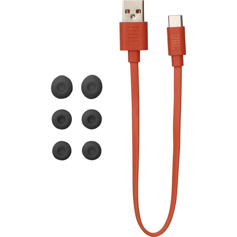 Orange USB charging cable with black JBL spare ear tips and silicone pads