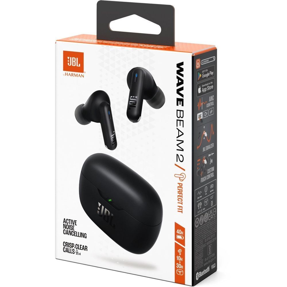 JBL Wave Beam 2 TWS earbud retail box with active noise cancelling callouts