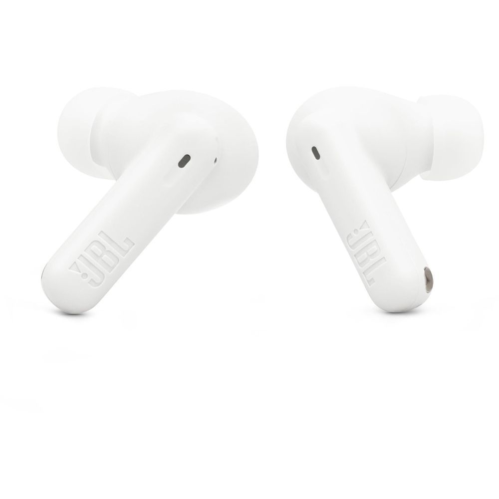 White JBL Wave Beam 2 TWS in-ear earbuds, side view with branding on the stems