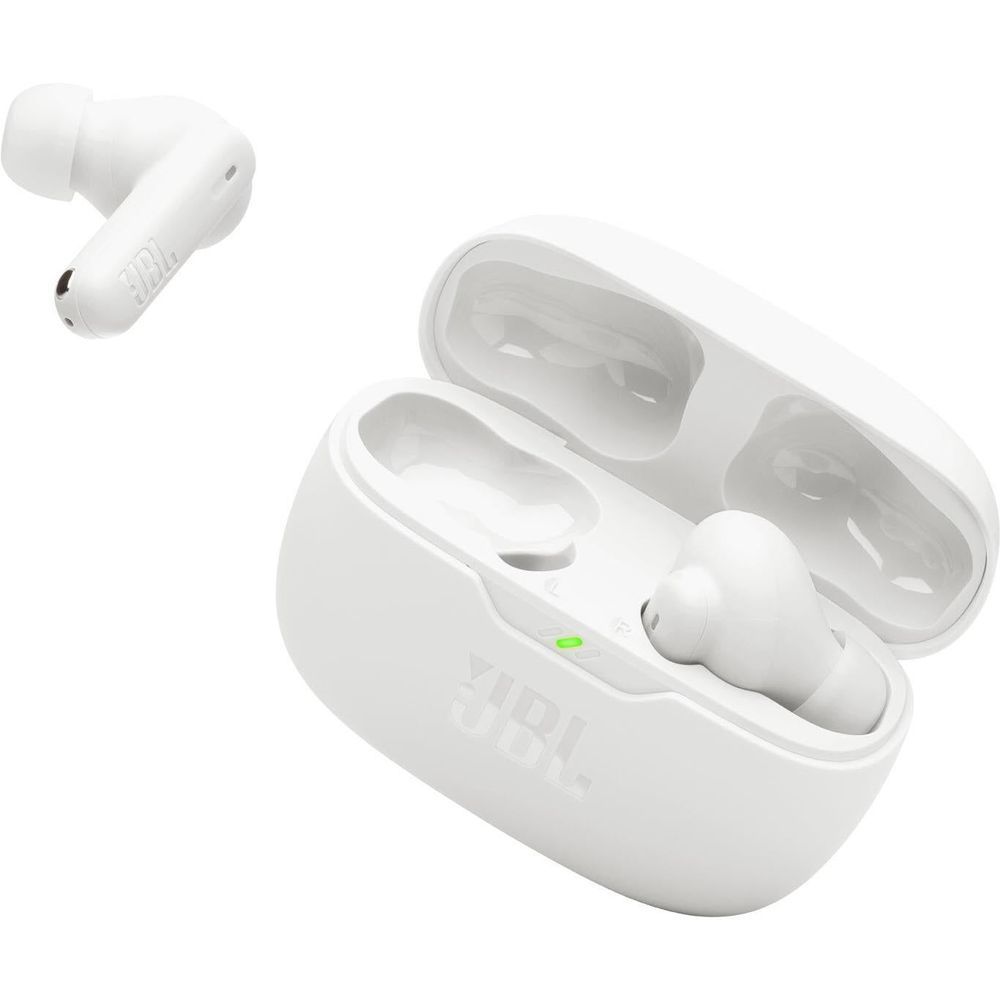 White JBL Wave Beam 2 TWS charging case with earbuds, open-lid view