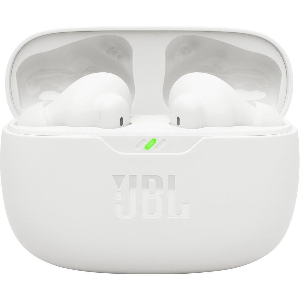 White JBL Wave Beam 2 TWS charging case, open with two earbuds inside