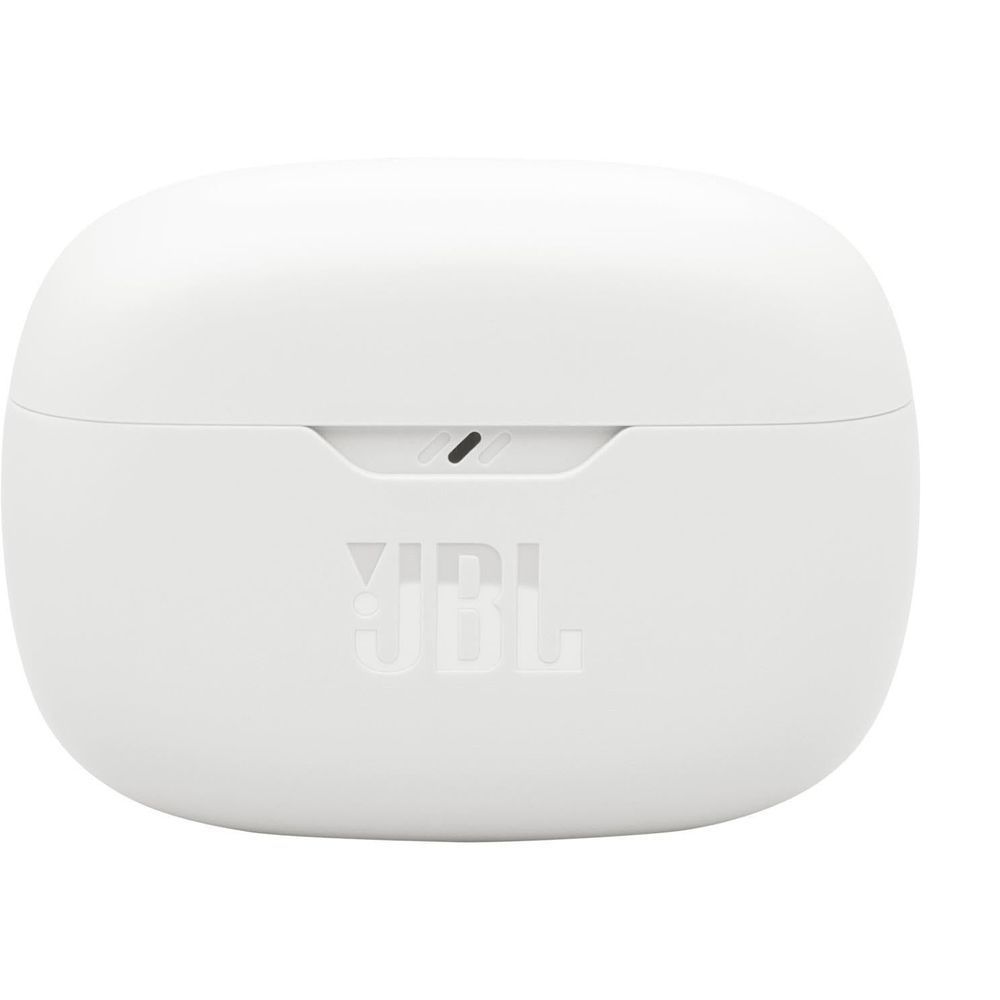 White JBL Wave Beam 2 TWS charging case, closed lid with small indicator slot