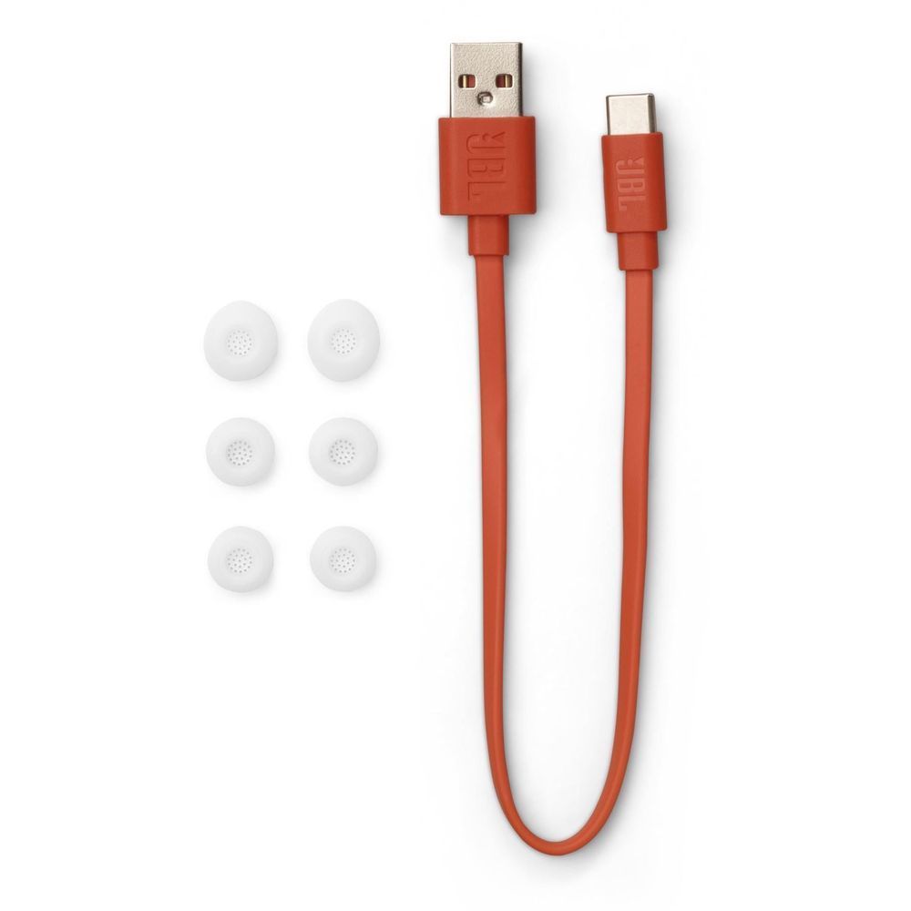 Orange JBL USB cable with connector ends and extra white silicone ear tips