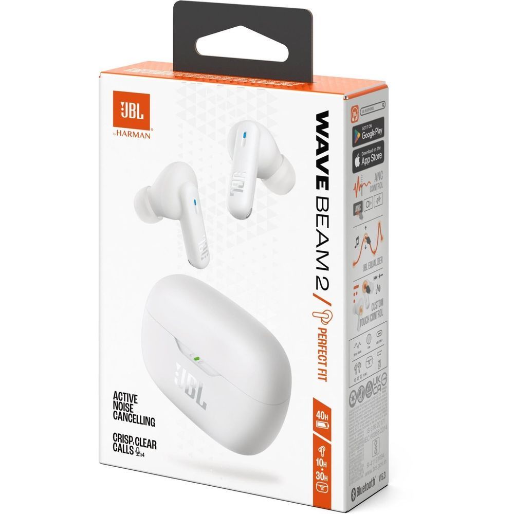 JBL Wave Beam 2 TWS noise-canceling headphone retail box with earbuds and case