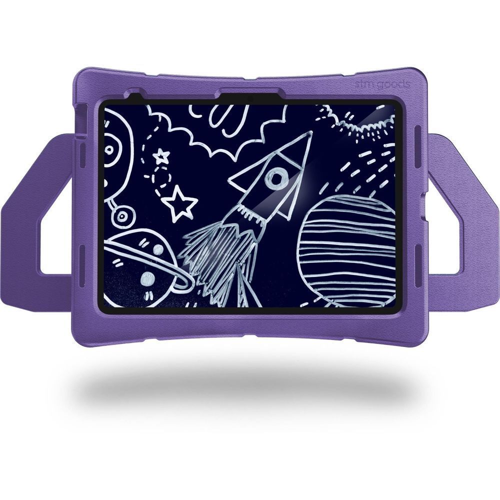 Purple iPad case with rocket and space graphic front, protective cover and handle