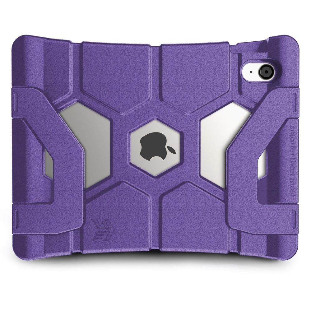 Purple rugged iPad case with textured shell and grip tabs, rear view