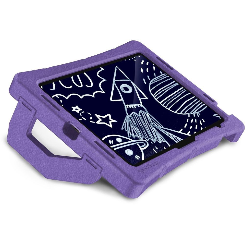 Purple iPad case with space rocket graphic, front cover and side handle accents