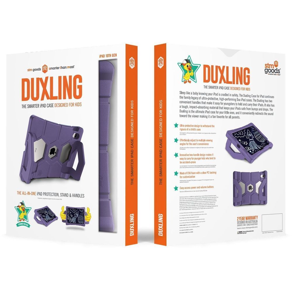 Purple iPad case retail box showing Duxling design and product images