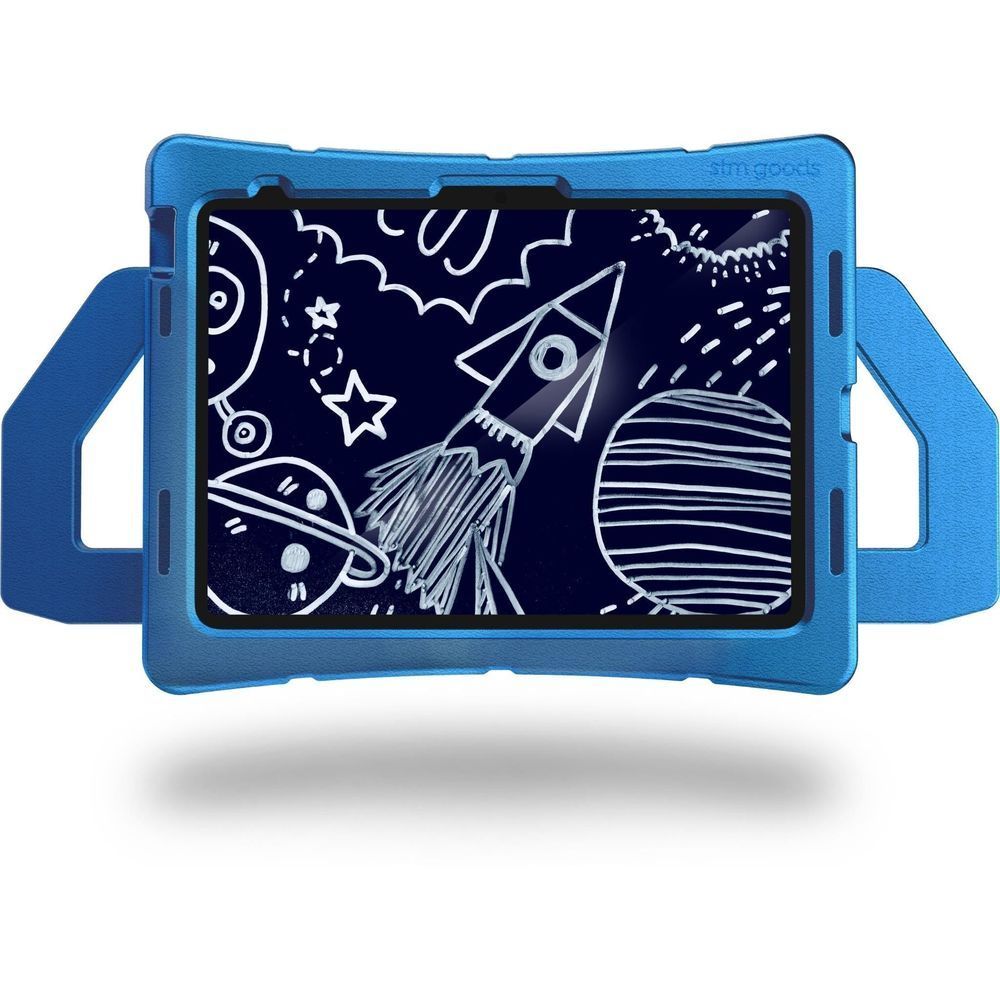 Blue iPad case with built-in kickstand and space-themed screen cover