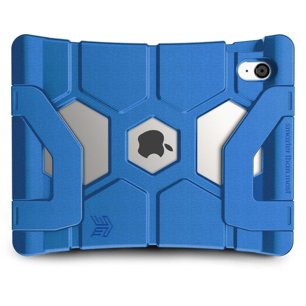Blue textured iPad case with camera cutout and fold-out grip handles
