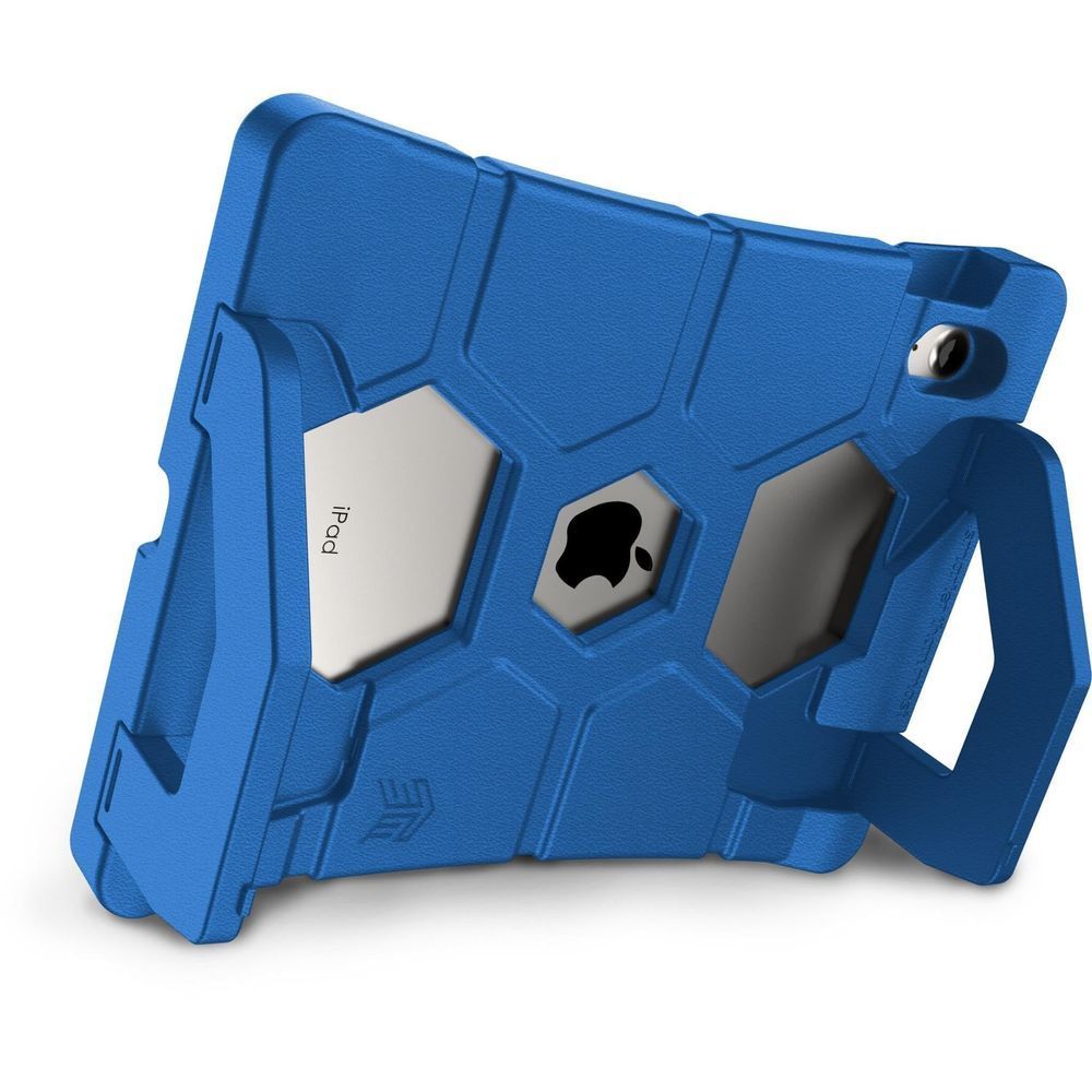 Blue rugged iPad case with kickstand and side port cutouts
