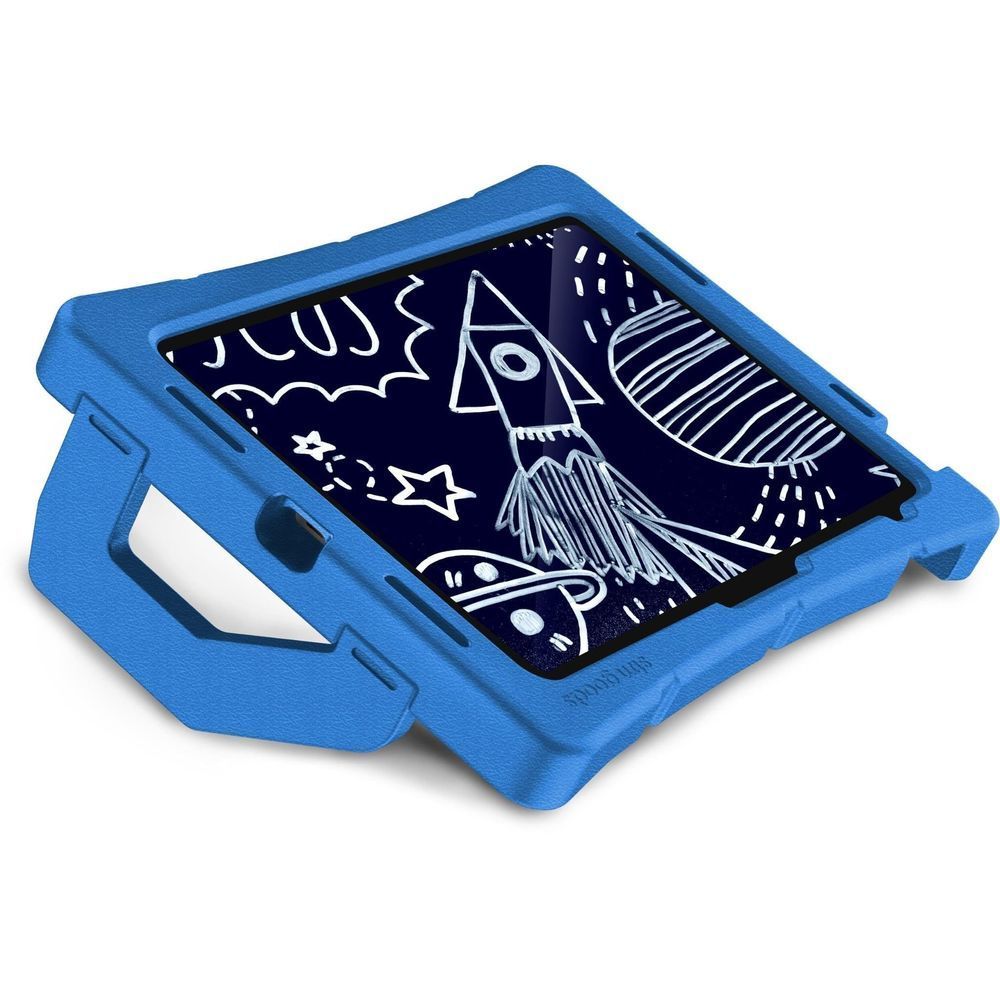 Blue iPad case with space-style front cover and standing display