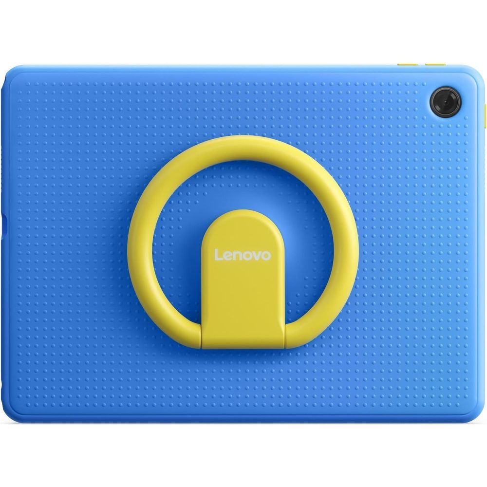 Blue textured bumper case with yellow handle ring and rear camera cutout