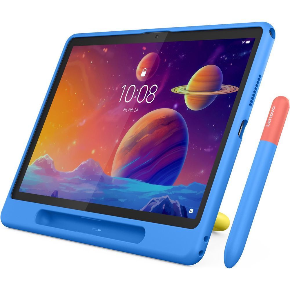 Blue bumper case with tablet screen, yellow stand ring, and Lenovo stylus