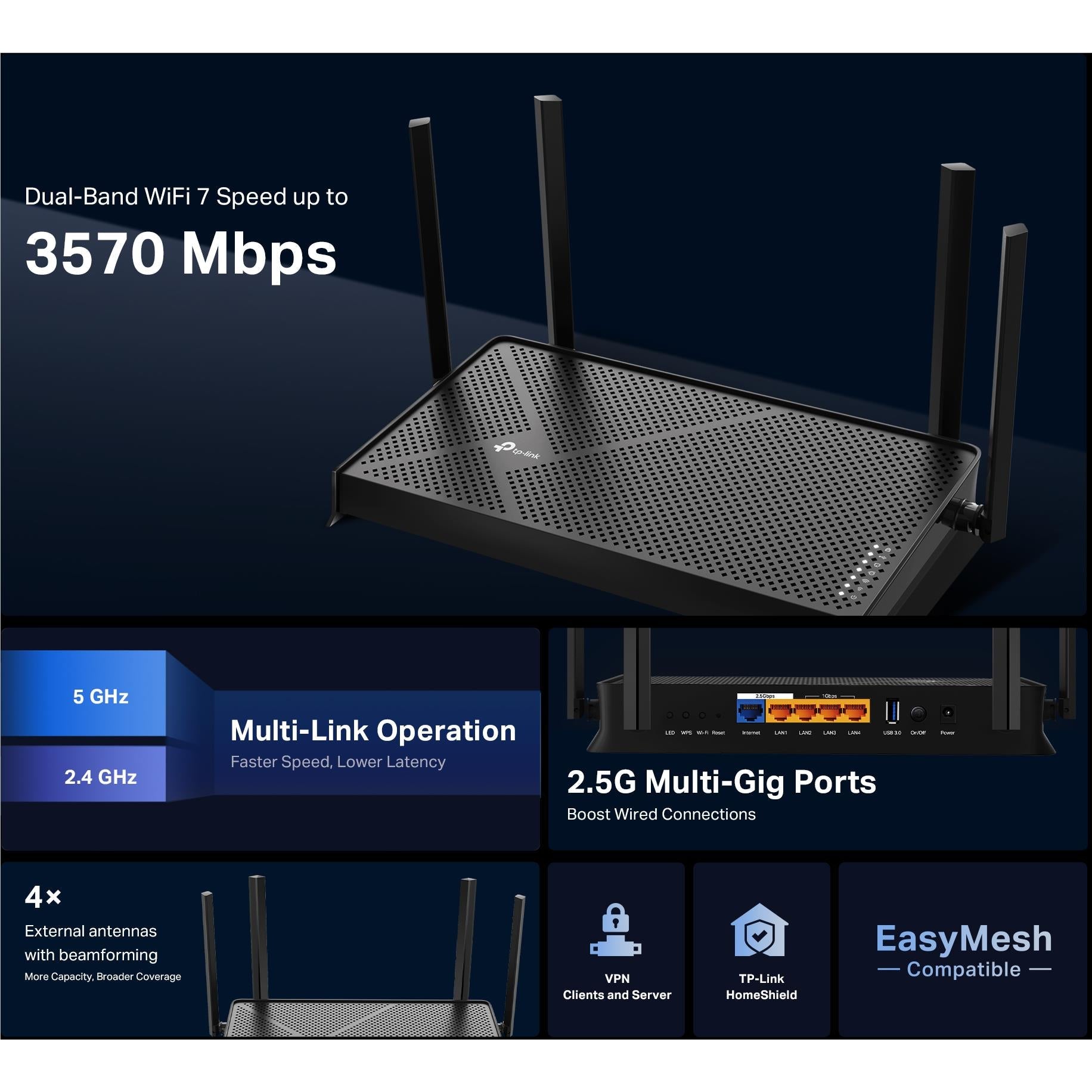 TP-Link Archer BE230 BE3600 Dual-Band Wi-Fi 7 Router