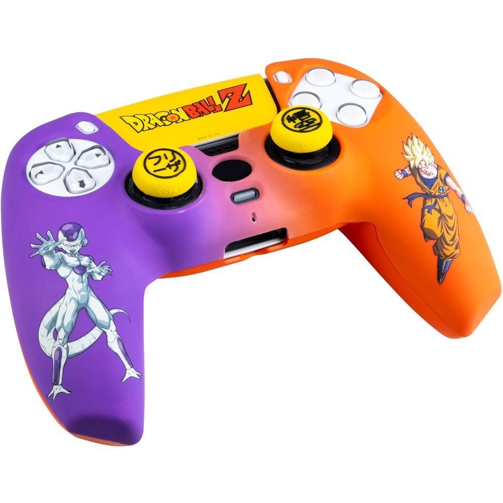 Orange and purple PS5 game controller with Dragon Ball Z logo, thumbsticks, and face buttons