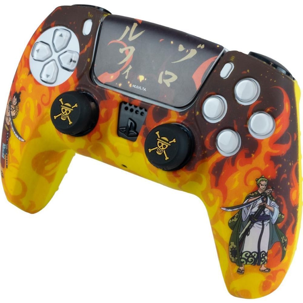 Fire-themed PS5 controller kit angled view with black touchpad and pirate emblem caps