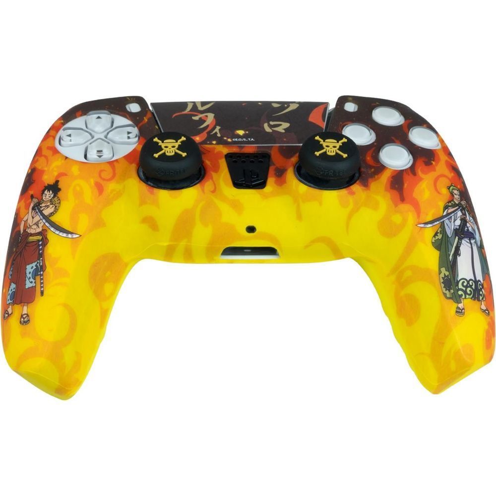 Fire PS5 controller custom kit front view with orange-yellow flames and silver thumb buttons