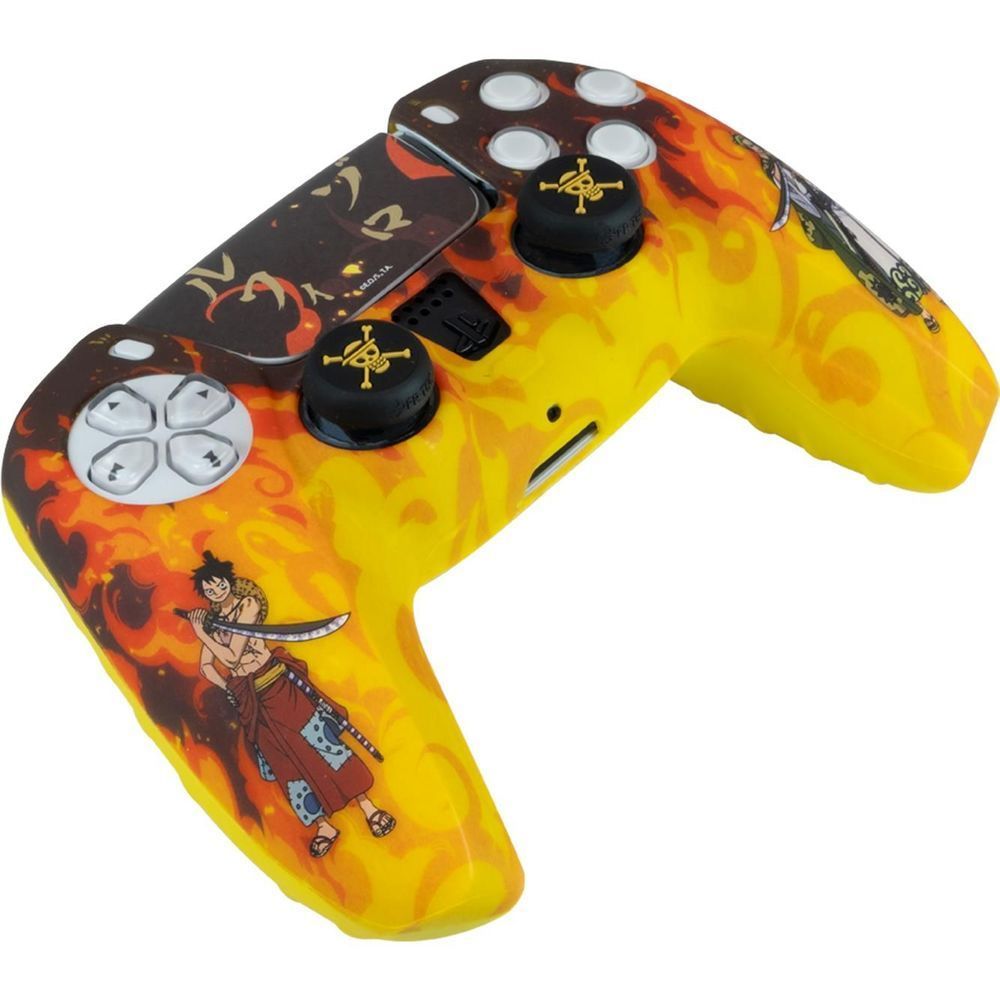 Diagonal view of fire-themed PS5 controller kit with flame orange-yellow grips