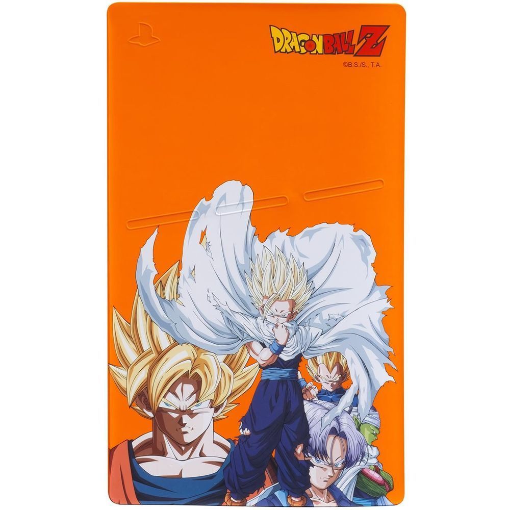 Orange silicone PS5 Slim disc console cover with Dragon Ball Z logo and blue-haired heroes
