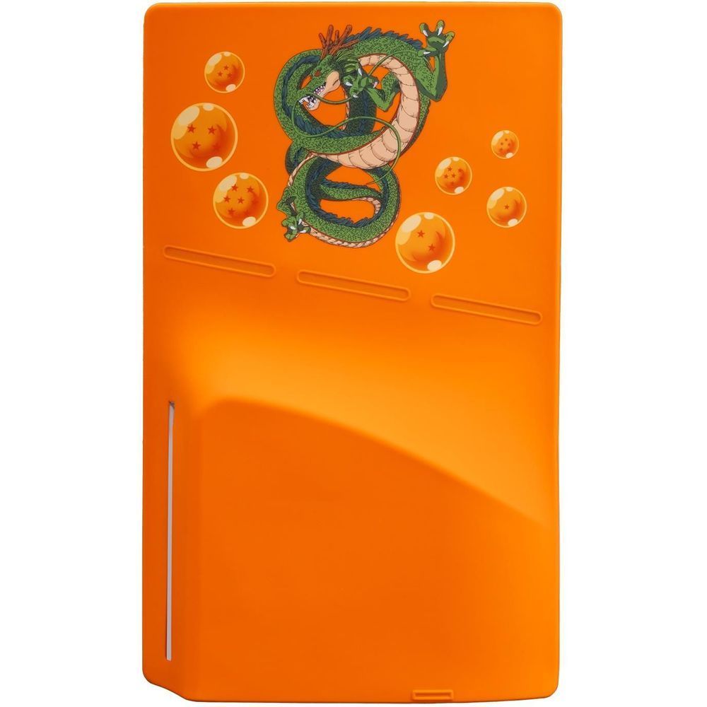Orange silicone PS5 Slim disc console cover with green dragon artwork and bubble pattern