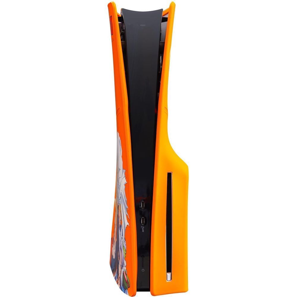 Orange silicone PS5 Slim disc console cover side view with black insert and character print