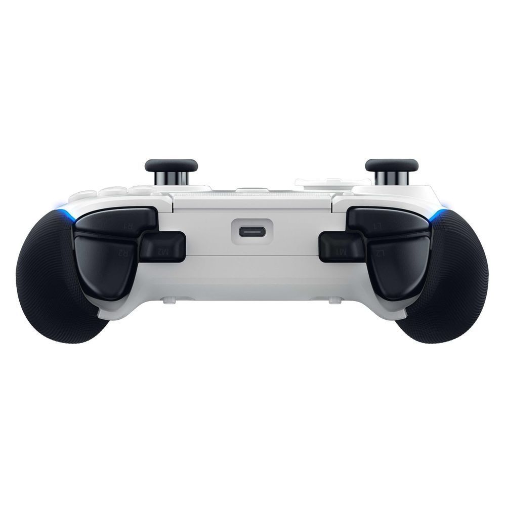 White gaming controller back view with black shoulder grips and mount points