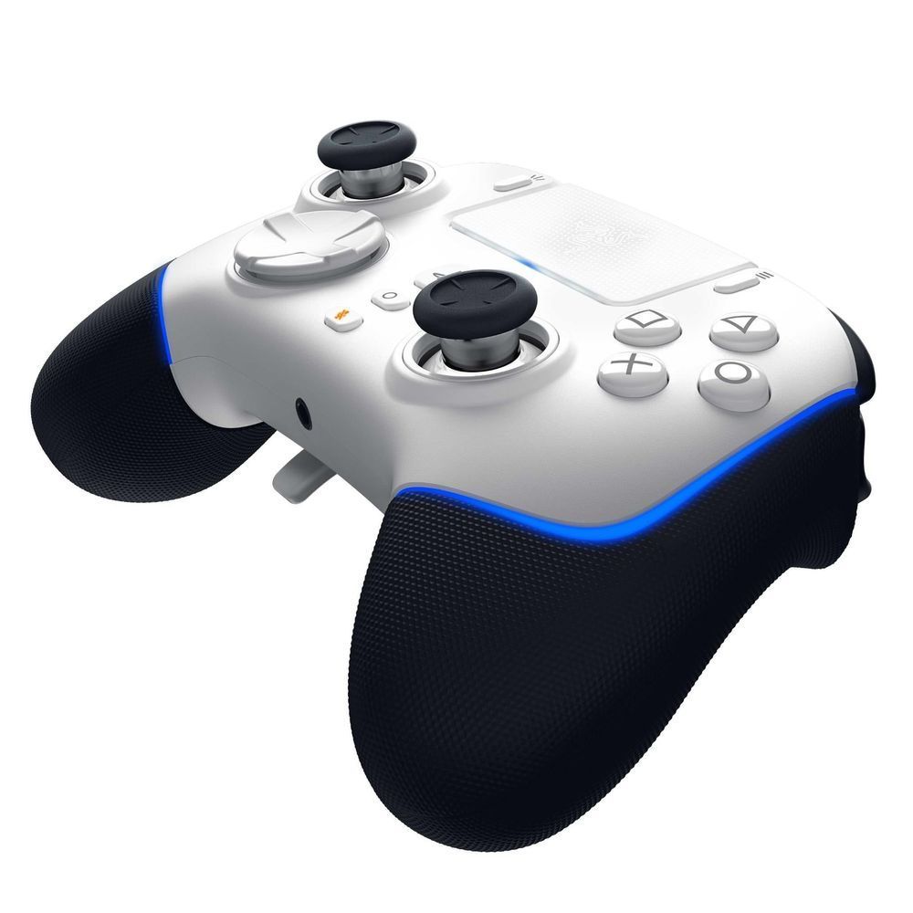 White gaming controller angled top view with black thumbsticks and blue edge trim