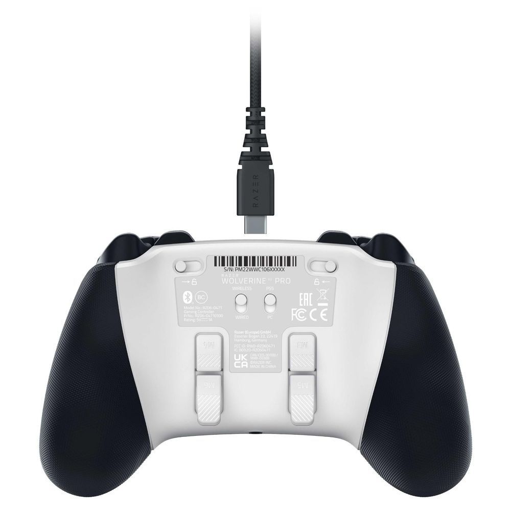 White controller rear panel with charging ports and cable connection